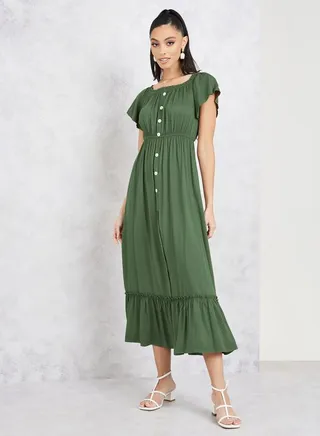 Button Detail Off Shoulder Midi Dress 