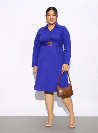 Plus Collared Poplin Belted Shirt Dress 