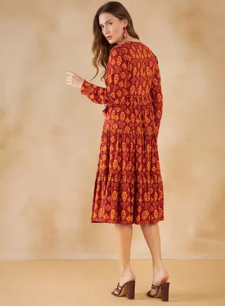 Bohemian Print Gathered Detail A-Line Midi Dress 