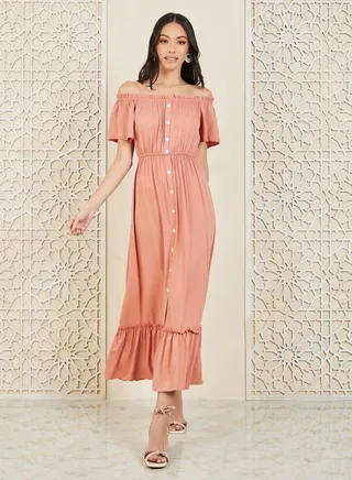 Button Detail Off Shoulder Midi Dress 