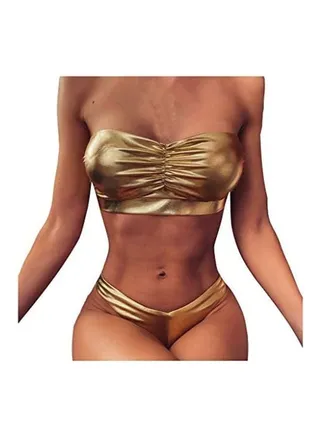 Women Leather Push-Up Padded Bra Beach Bikini Set Gold 