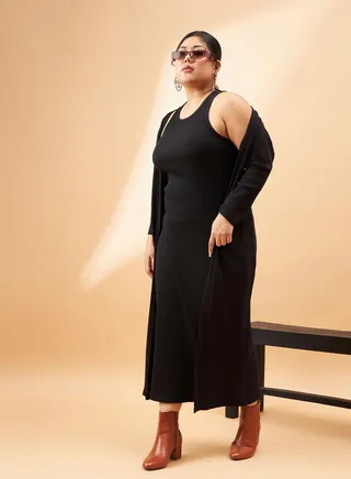 Plus Ribbed Bodycon Midi Dress with Shrug Set 