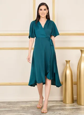Satin Asymmetric Hem Wrap Midi Dress 