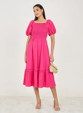 Textured Smocked Detail A-Line Midi Dress 