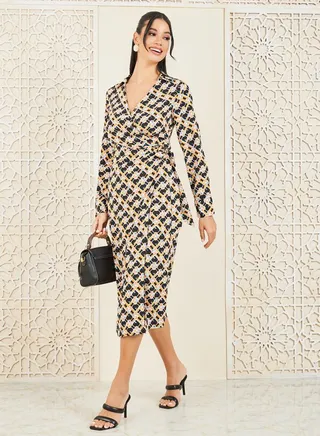 Self Tie Up Collared Wrap Midi Dress 