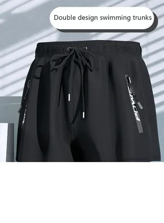 Men's Swimming Trunks Beachwear Quick Dry Gym Wear Beach Pants Fitness Shorts Fitness Workout Short Sports Running Shorts with Inner Compression Solid Black 