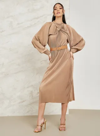 Plisse Cape Sleeve Belted Sheath Midi Dress 