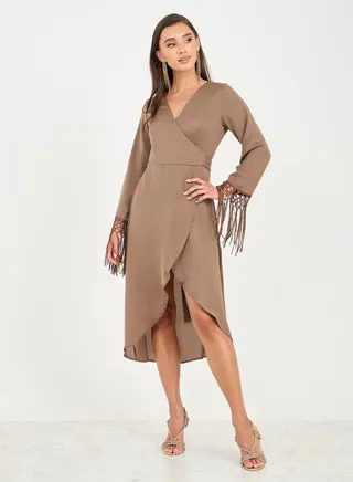 Tassel Trim Sleeves Asymmetric Hem Wrap Midi Dress 