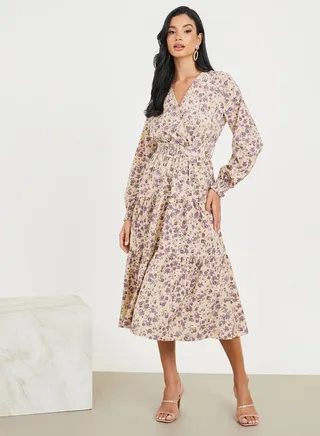 Floral Print Smocked Cuff Sleeves Belted Tiered Midi Dress 