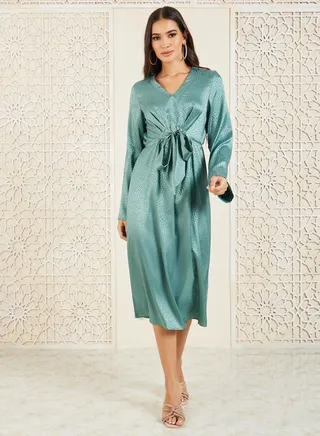Satin Jacquard Print Front Tie Up A-Line Midi Dress 