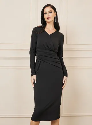 Pleated Waist V Neck Bodycon Midi Dress 