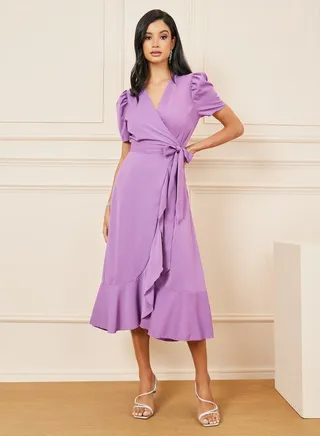 Solid Ruffle Detail Wrap Midi Dress 