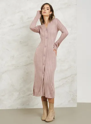 Front Button Closure Bodycon Sweater Midi Dress 