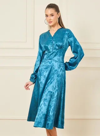 Satin Jacquard Print A-Line Midi Dress 