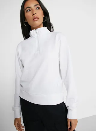 High Neck Zip Through Sweatshirt White 