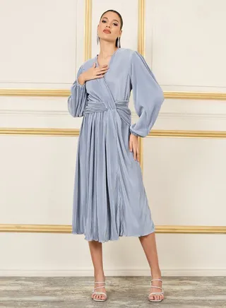 Plisse V Neck A-Line Midi Dress 