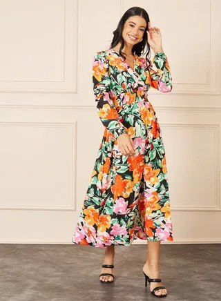 Floral Print Gathered Waist A-Line Midi Dress 