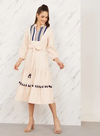 Bohemian Print Tassel Detail Tiered Midi Dress with Self Tie Up 