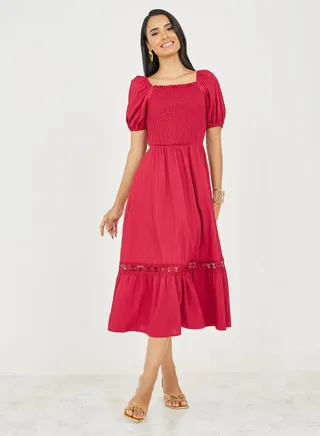 Smocked Striped Texture Lace Detail A-Line Midi Dress 
