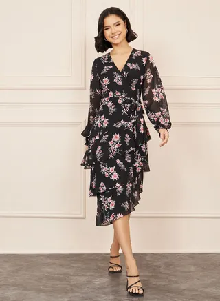 Floral Print Asymmetric Hem Layered Midi Dress with Self Tie Up