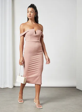 Notched Neck Bodycon Dress Pink 