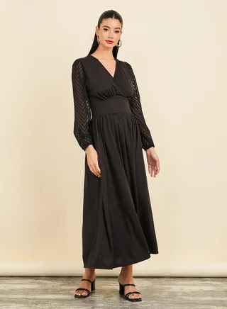 Zig Zag Texture Sleeves A-Line Midi Dress 