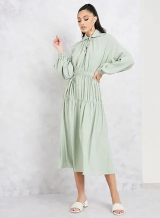 Tiered Tie Up Collar Midi Dress with Balloon Sleeves 