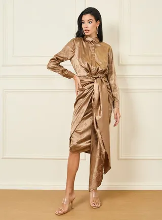 Satin Jacquard Print Tie Up Detail Shirt Midi Dress 