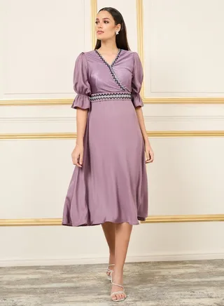 Beaded Detail Striped A-Line Midi Dress 
