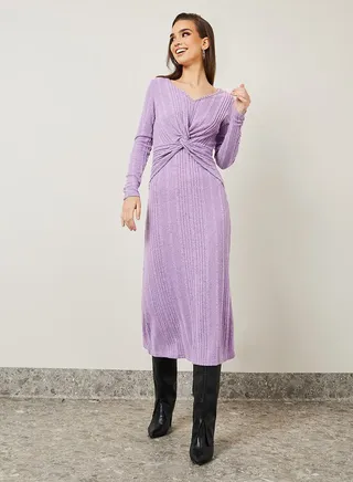Front Knot Detail Textured A-Line Midi Dress 