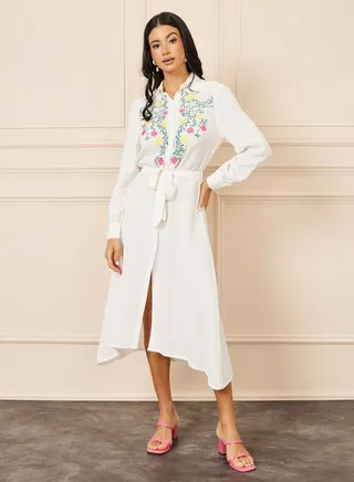 Embroidered Self Tie Up Shirt Midi Dress 