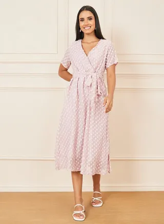 Swiss Dobby Self Tie Up A-Line Midi Dress 