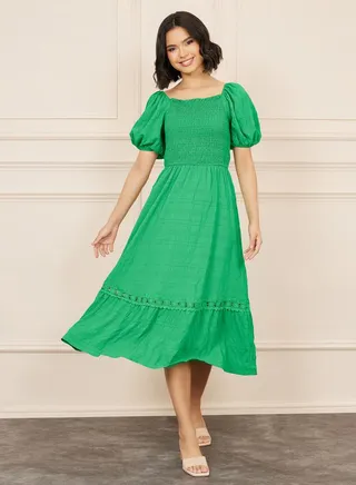 Textured Smocked Detail A-Line Midi Dress 
