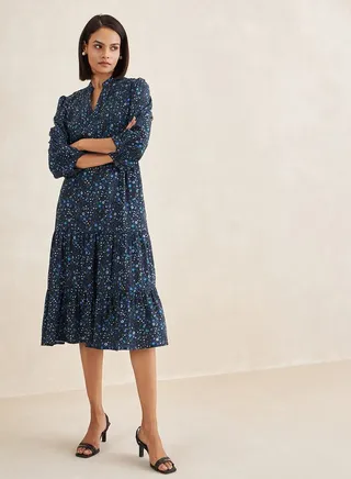 Floral Print Pleated Detail Notch Neck Tiered Midi Dress 