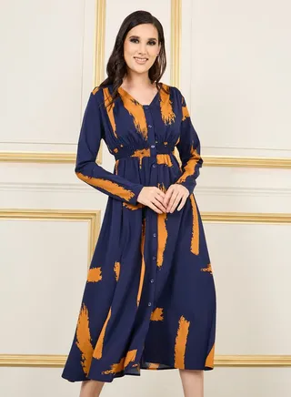 Abstract Print Smocked Waist Shirt Midi Dress