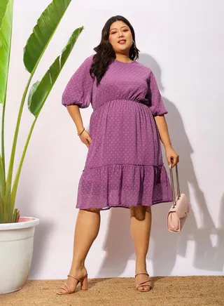 Plus Dobby Round Neck A-Line Midi Dress 