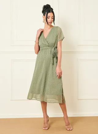 Swiss Dobby Self Tie Up A-Line Midi Dress 