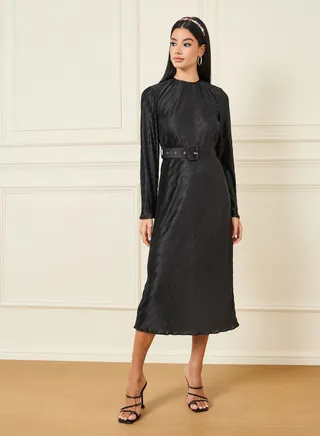 Flare Sleeve Belted Plisse A-Line Midi Dress 