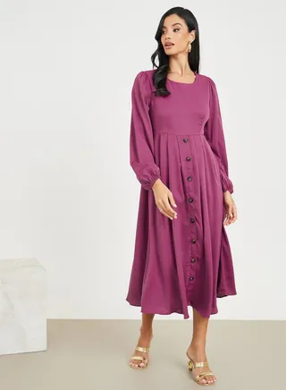Button Detail A-Line Midi Dress 
