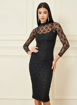 All Over Lace High Neck Bodycon Midi Dress 