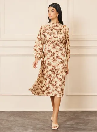 Floral Print Tie Up Neck A-Line Midi Dress 
