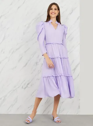 Frill Detail Notch Neck Tiered Midi Dress 