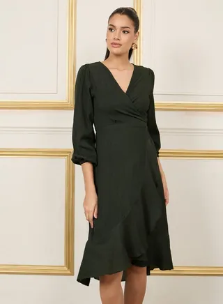 Crepe Ruffle Hem Wrap Midi Dress 