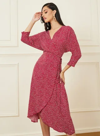 Spot Print Wrap Midi Dress 