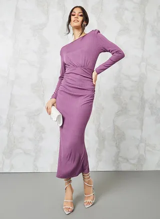 Textured Boat Neck Sheath Midi Dress 