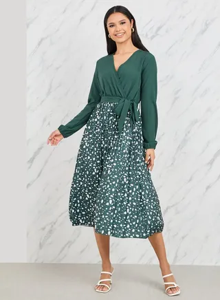 Pleated A-Line Midi Dress with Tie Belt 