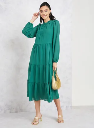 Solid Long Sleeves Tiered Midi Dress 