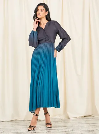 Pleated Ombre Print A-Line Maxi Dress 