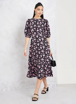 Printed A-Line Midi Dress with Puff Sleeves 