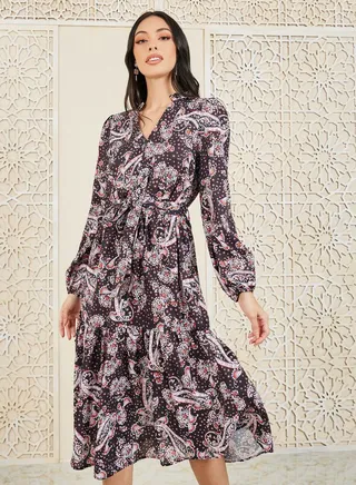 Paisley Print Notch Neck Tiered Midi Dress with Self Tie Up 